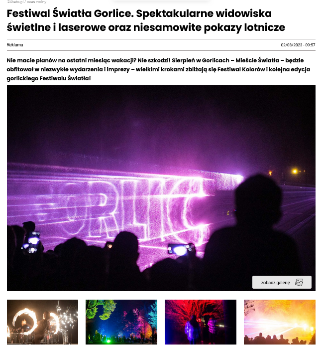 zrzut ekranu z artykułu zapraszającego na gorlicki Festiwal Światła