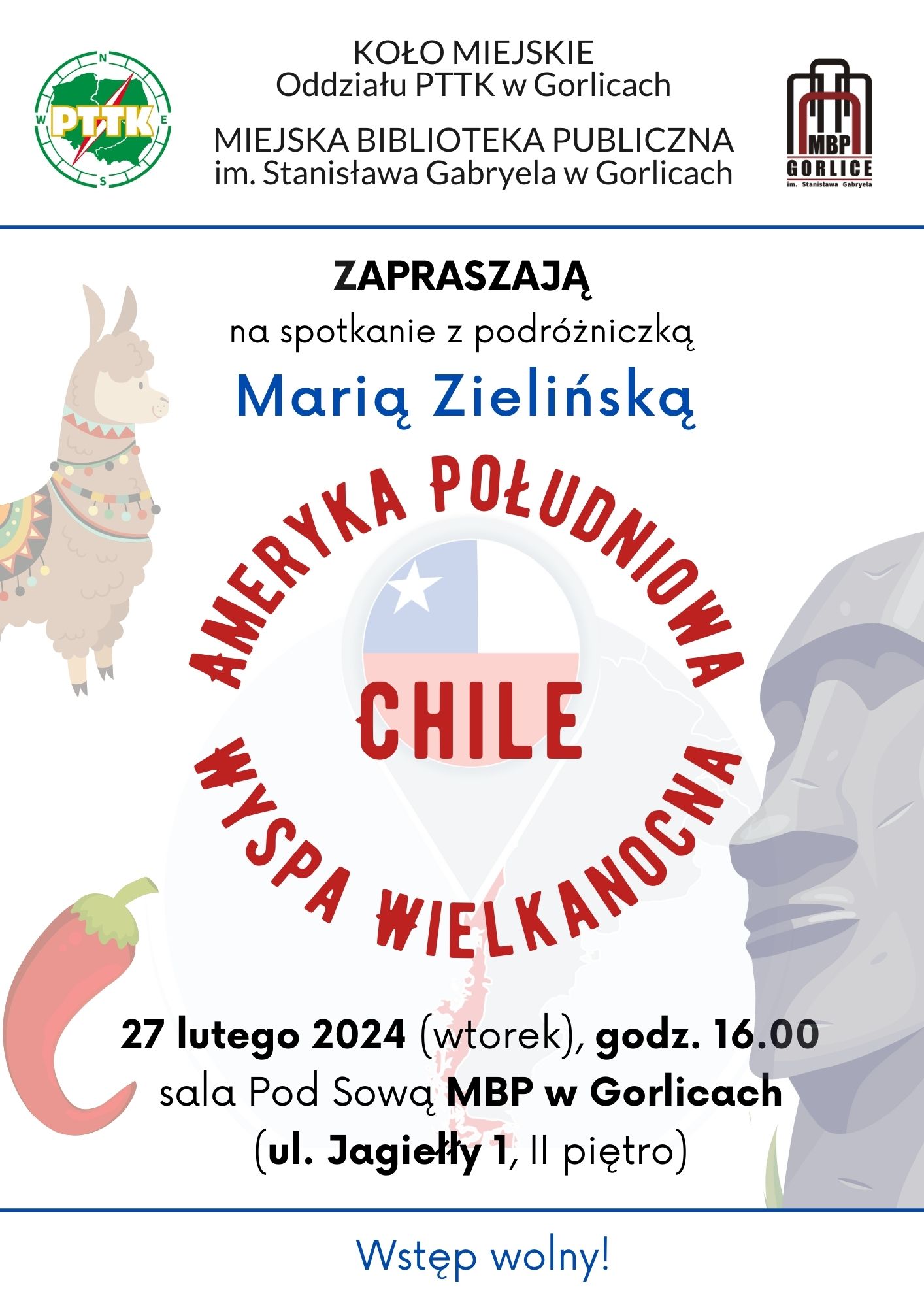 Plakat zapraszający na spotkanie w bibliotece.