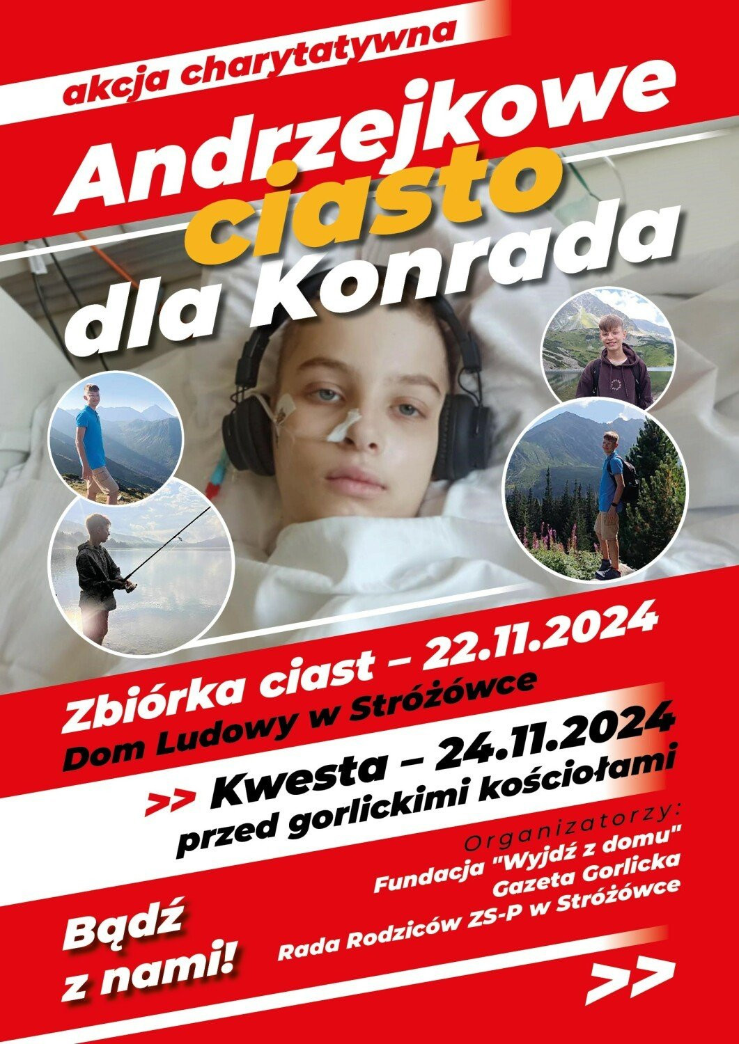 Plakat zapraszający na akcję - w tle zdjęcie Konrada