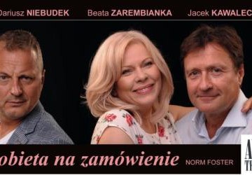 Baner zapraszajacy na spektakl z głównymi aktorami.