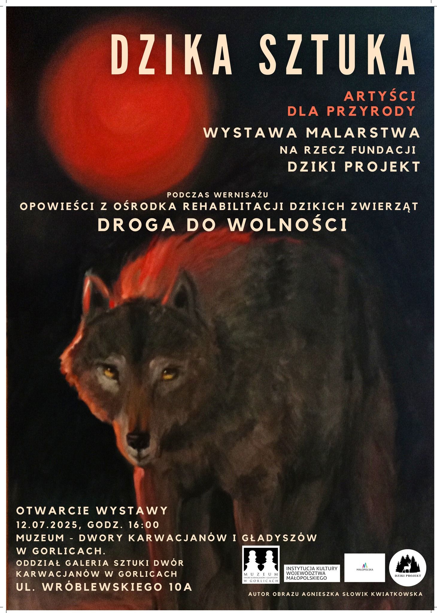 Zaproszenie na wystawę. W tle jedna z prac - portret wilka.