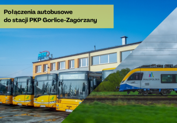 połączenia autobusowe na stację Gorlice-Zagórzany - kolaż zdjęc. Od lewej: tabor autobusowy MZK i pociąg