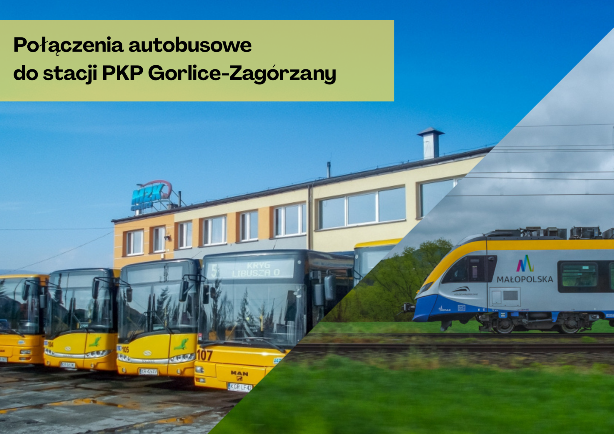 połączenia autobusowe na stację Gorlice-Zagórzany - kolaż zdjęc. Od lewej: tabor autobusowy MZK i pociąg 