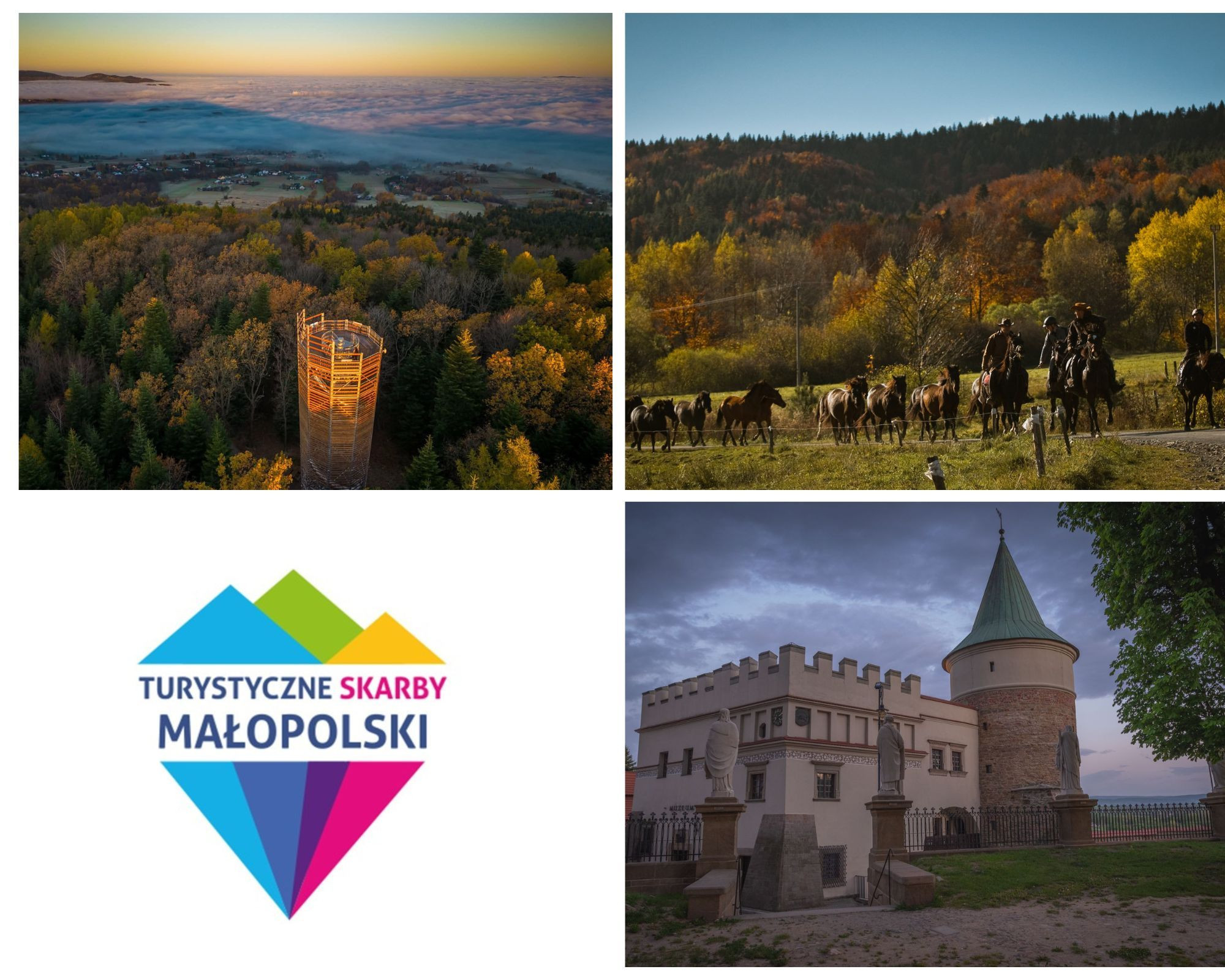 Kolaż trzech zdjęć z Małopolski z logiem konkursu w środku.