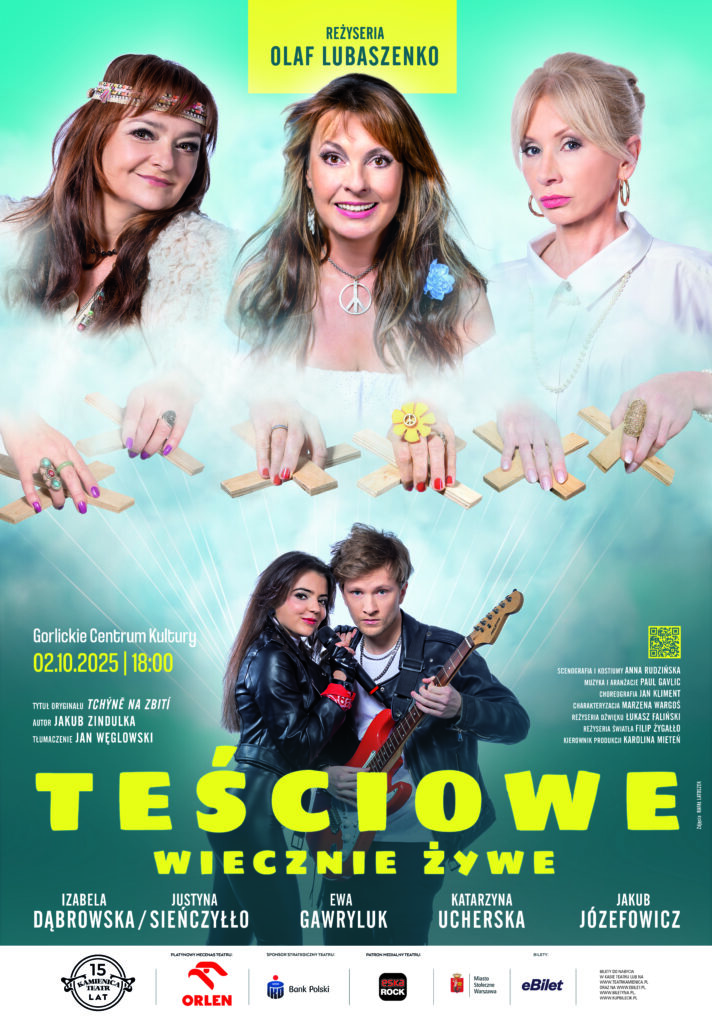 Plakat zapraszający na wydarzenie. W tle aktorzy biorący udział w spektaklu.