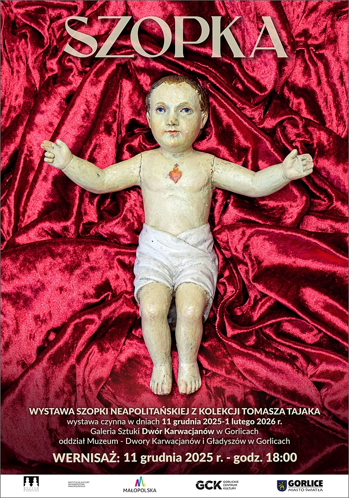 Figura dzieciątka Jezus na czerwonym tle.