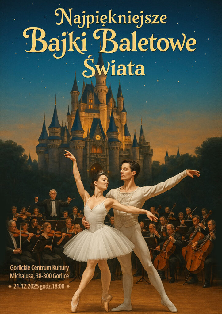 Plakat zapraszający na wydarzenie - w tle tańcząca para.