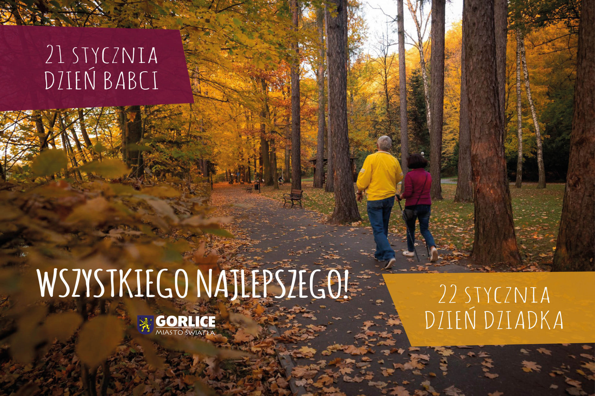 Park miejski i spacerująca para.