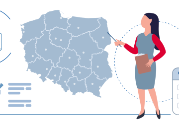 Grafika - mapa Polski i osoba wskazująca na mapę