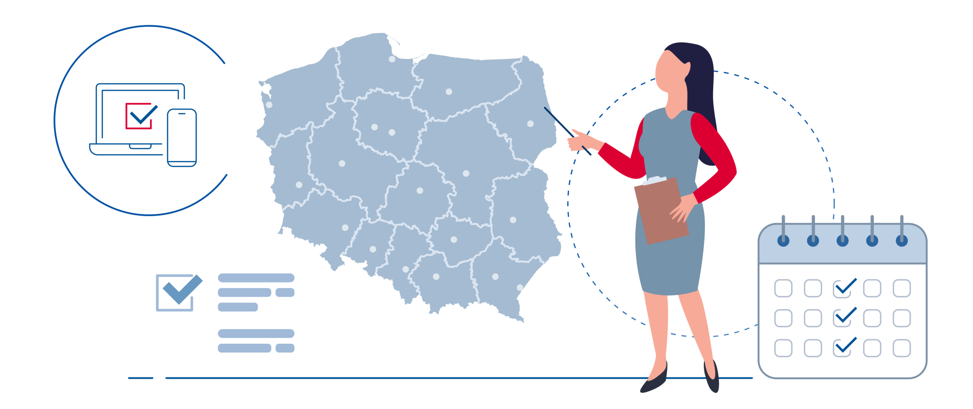 Grafika - mapa Polski i osoba wskazująca na mapę