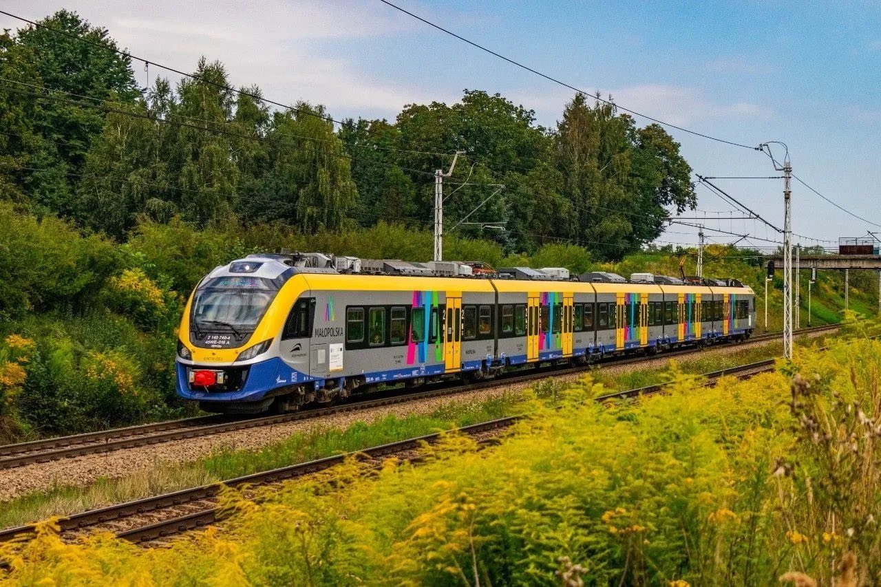 Pociąg, w tle pola.