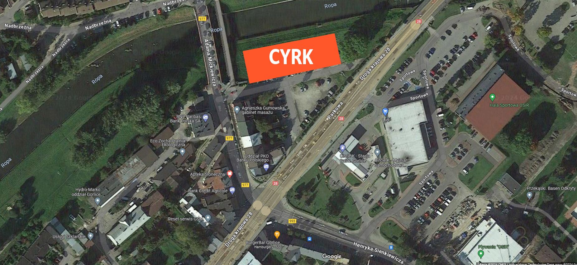 Mapa z miejscem stacjonowania cyrku.