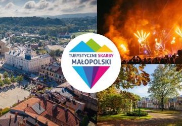 grafika złożona ze zdjęć rynku w Gorlicah, festiwalu światła i pałacu Długoszów