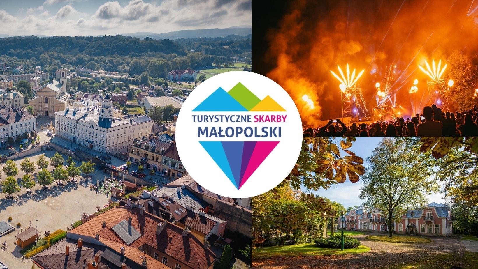grafika złożona ze zdjęć rynku w Gorlicah, festiwalu światła i pałacu Długoszów