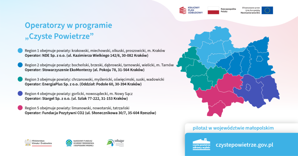 Mapa Małopolski z podziałem na operatorów programu.