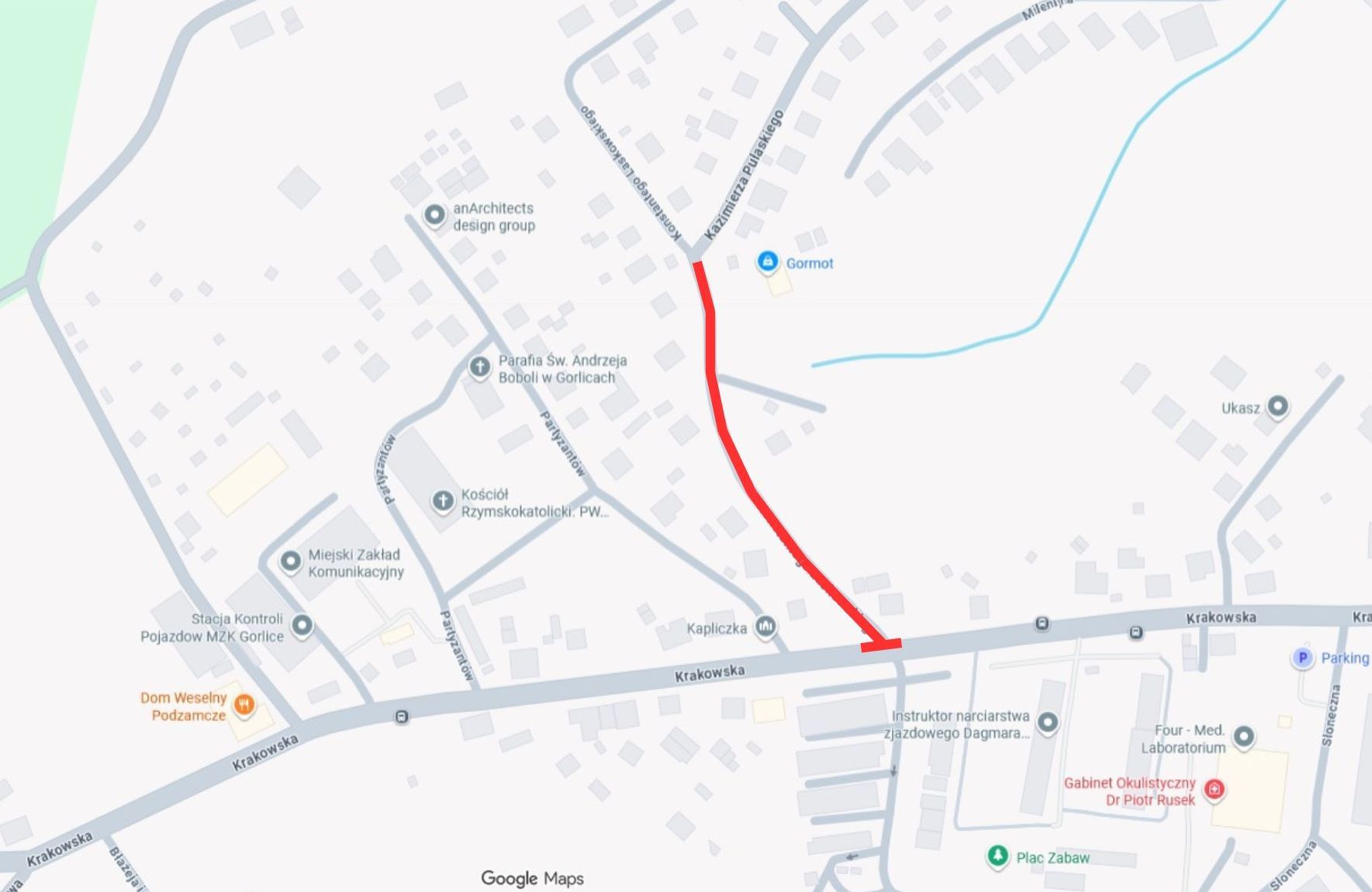 Mapa ze zmianą organizacji ruchu.