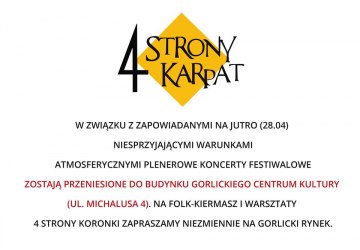 Uwaga! Zmiana lokalizacji koncertów Festiwalu 4 Strony Karpat!