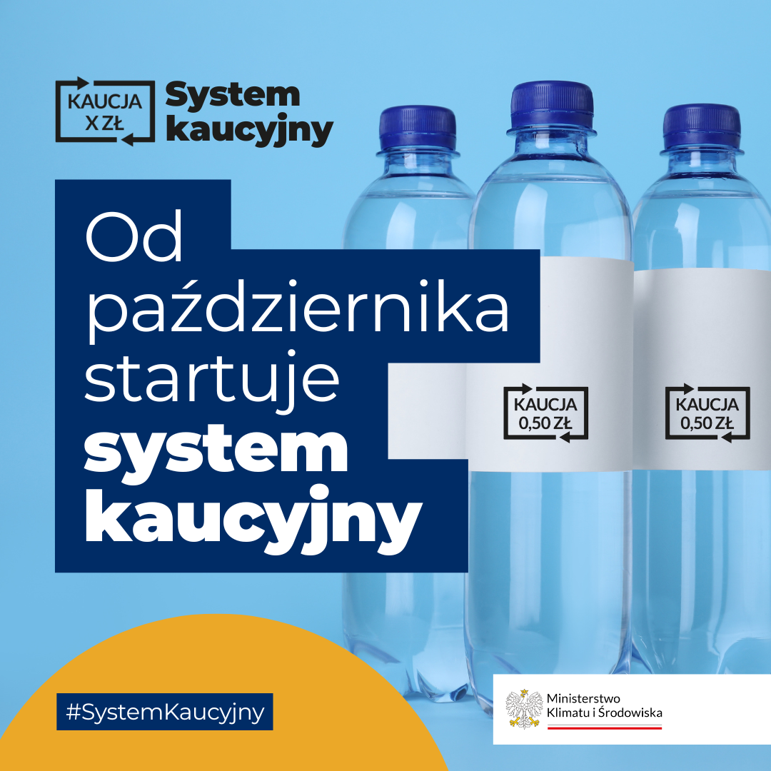 Butelki szklane i napis: System kaucyjny.