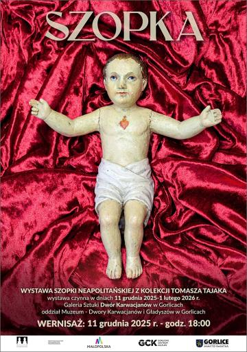 Figura dzieciątka Jezus na czerwonym tle.