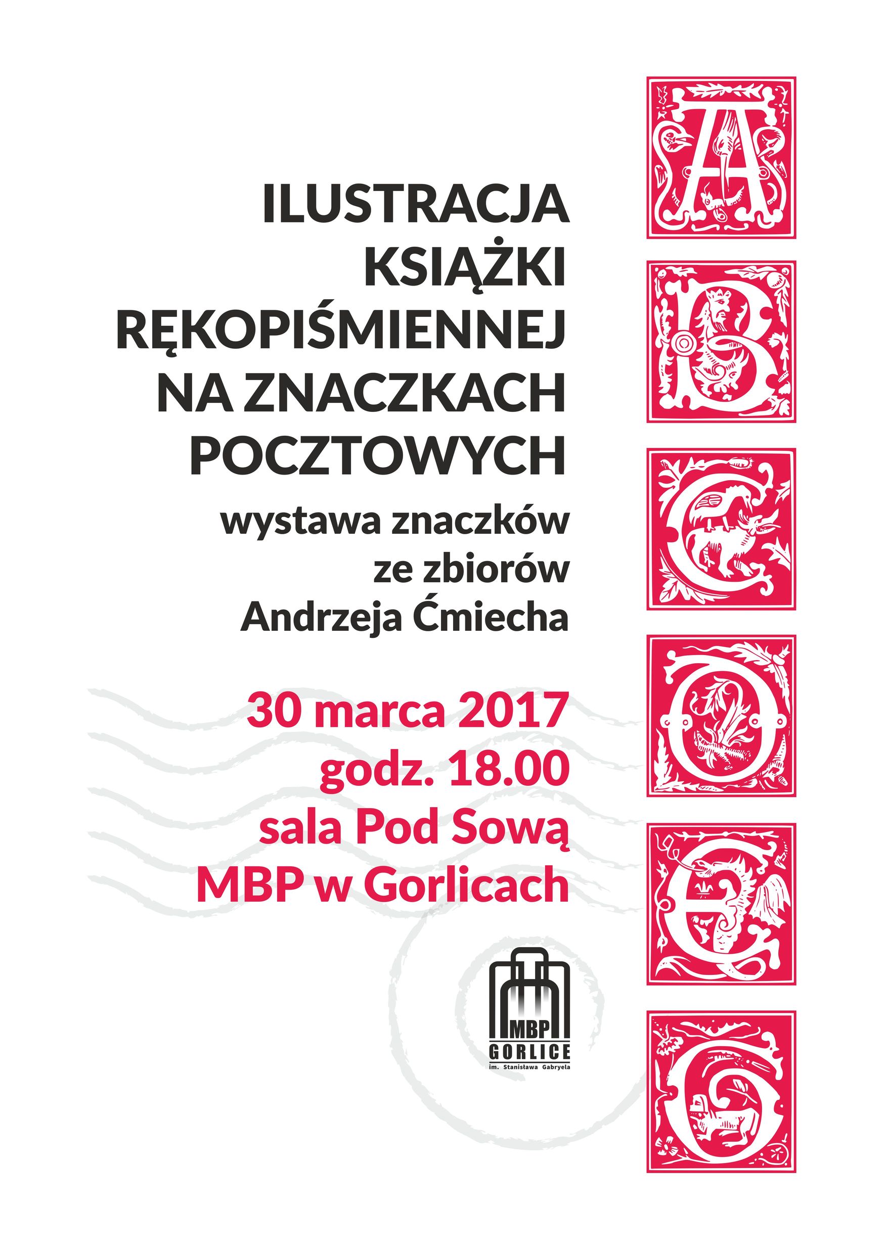 Ilustracja ksiązki rękopiśmiennej na znaczkach pocztowych